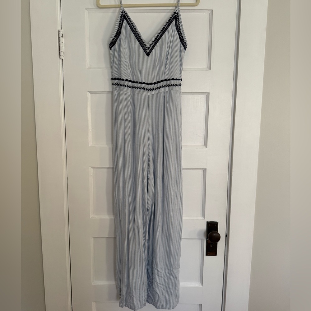 Japna Wide Leg Jumpsuit Navy Blue Stripe Embroidered Smocked Sleeveless Size M